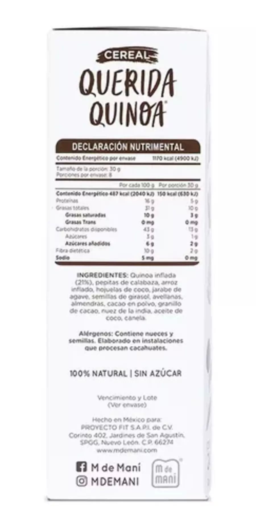 Cereal Querida Quinoa Cacao 240g M De Maní Sin Azúcar