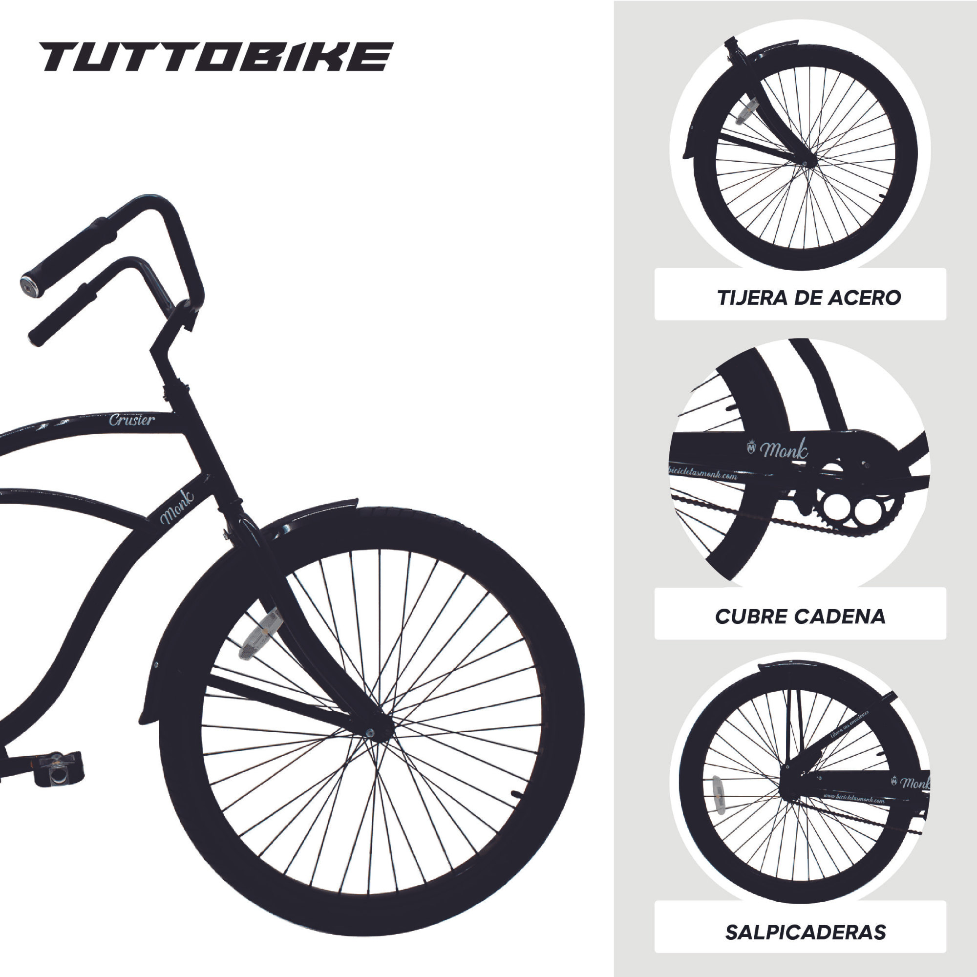 Bicicleta Urbana Rodada 26 1 Velocidad Crusier Monk Negra