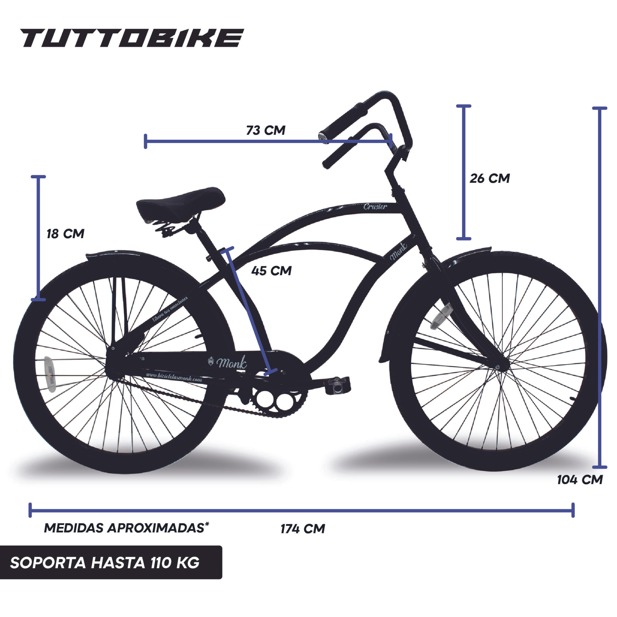 Bicicleta Urbana Rodada 26 1 Velocidad Crusier Monk Negra