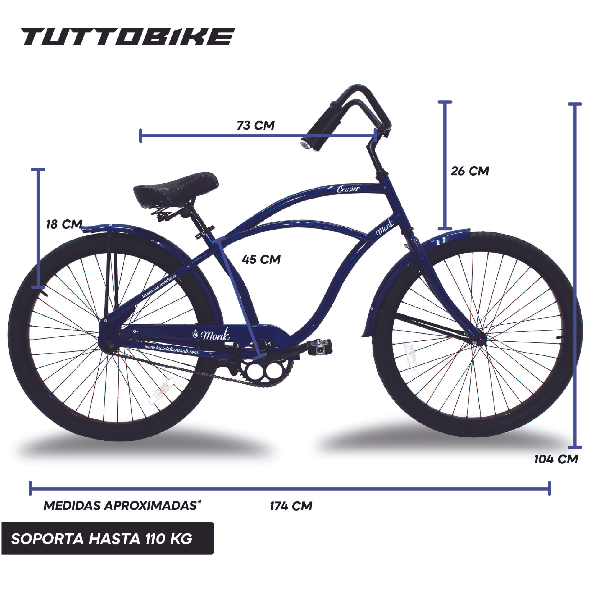 Bicicleta Urbana Rodada 26 1 Velocidad Crusier Monk Azul