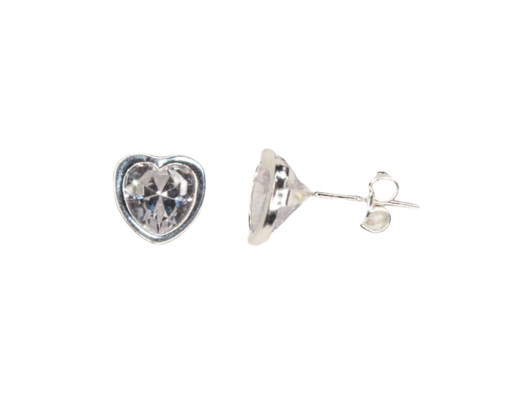 ARETES EVACIELO BROQUEL DE CORAZÓN CON ZIRCONIA ELABORADOS POR ARTESANOS DE TAXCO. PLATA FINA .925