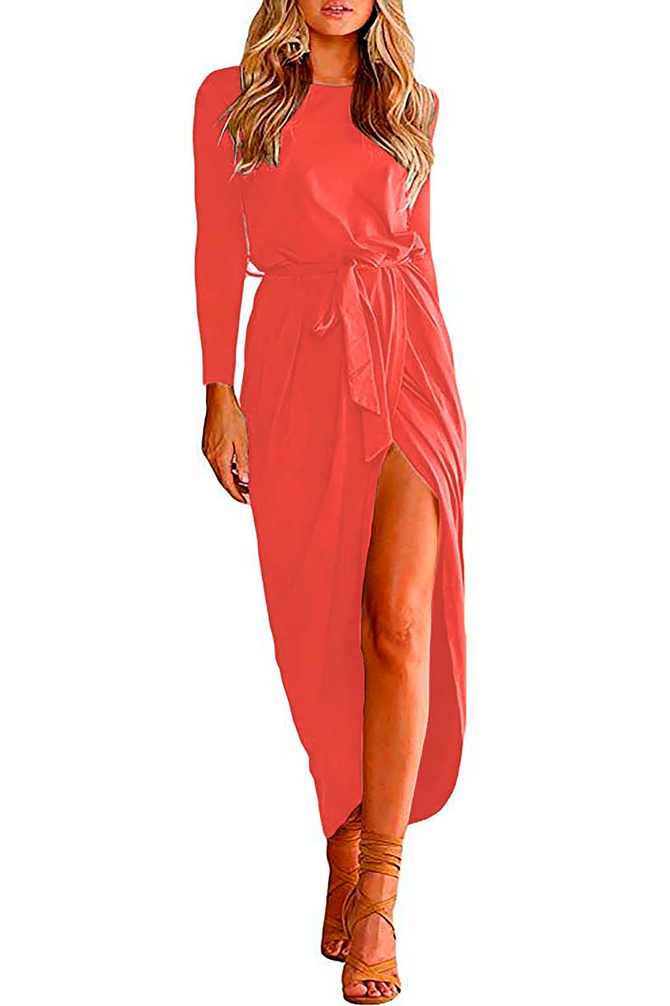 Vestido cuello redondo y manga larga con abertura y cinturon