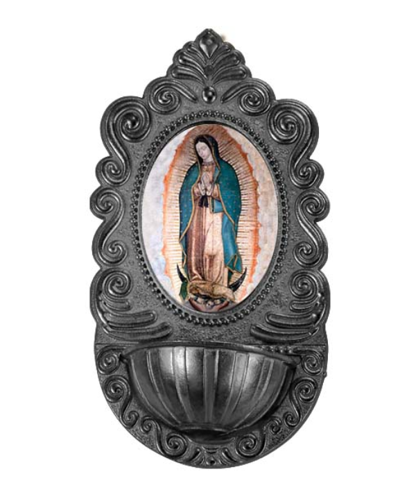 Adorno de pila de la Virgen de Guadalupe hecho en metal para colgar en pared en varios colores