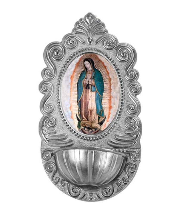 Adorno de pila de la Virgen de Guadalupe hecho en metal para colgar en pared en varios colores