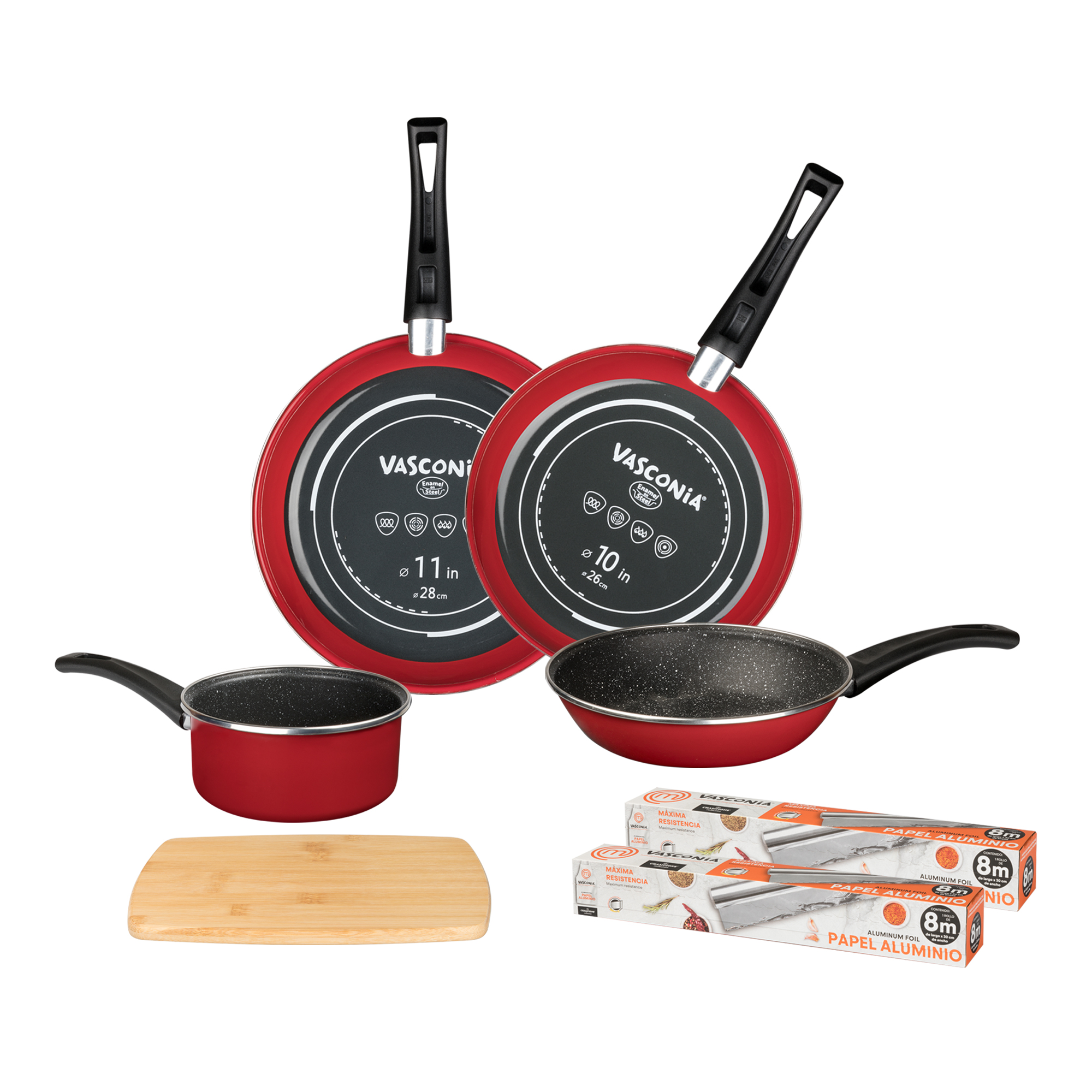 Batería de cocina antiadherente acero inox. 6pzs.  Rojo c/tabla y papel aluminio 