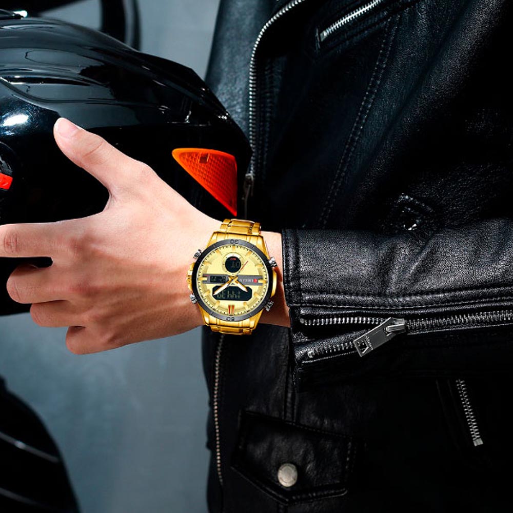 Reloj Curren para Hombre, Dual Time, Análogo, Digital, Iluminación, Fechador, Extensible de Metal, B 