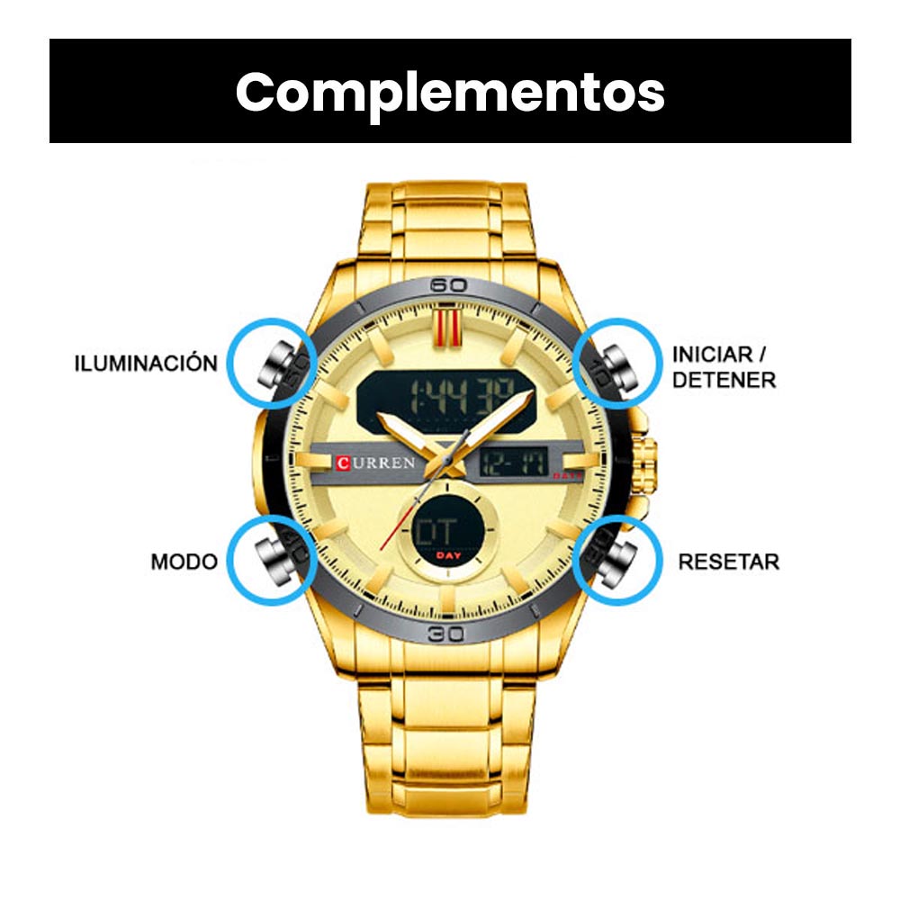 Reloj Curren para Hombre, Dual Time, Análogo, Digital, Iluminación, Fechador, Extensible de Metal, B 