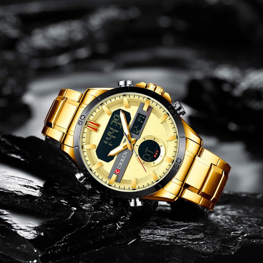 Reloj Curren para Hombre, Dual Time, Análogo, Digital, Iluminación, Fechador, Extensible de Metal, B 