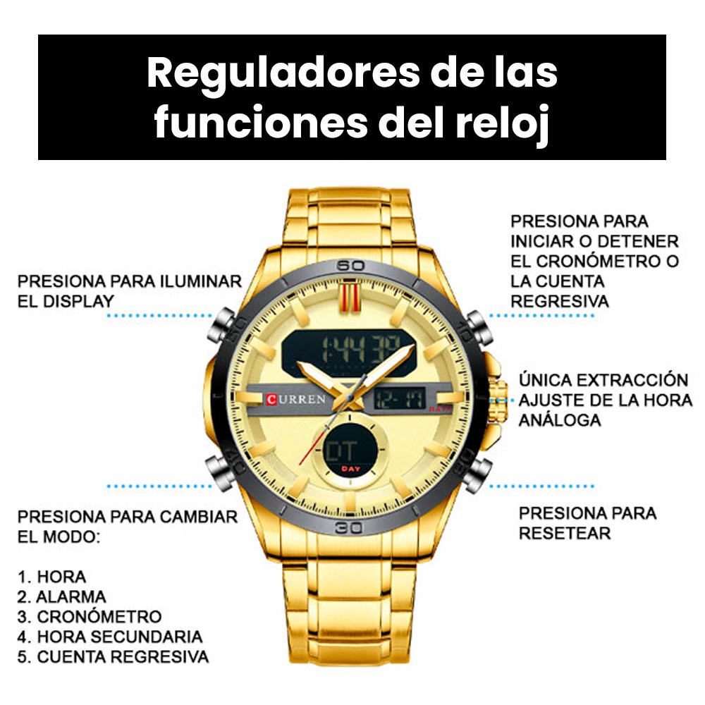 Reloj Curren para Hombre, Dual Time, Análogo, Digital, Iluminación, Fechador, Extensible de Metal, B 