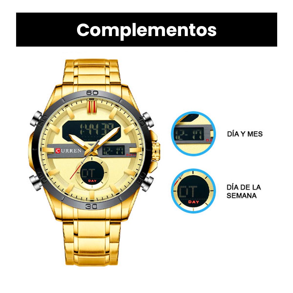 Reloj Curren para Hombre, Dual Time, Análogo, Digital, Iluminación, Fechador, Extensible de Metal, B 