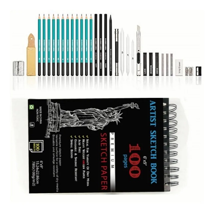 Kit 34 Pzs Profesional De Dibujo Con Hb Para Adultos Y Niños