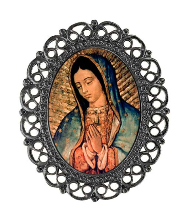 Prendedor artesanal de estilo filigrana ovalado con imagen de la Virgen personalizable