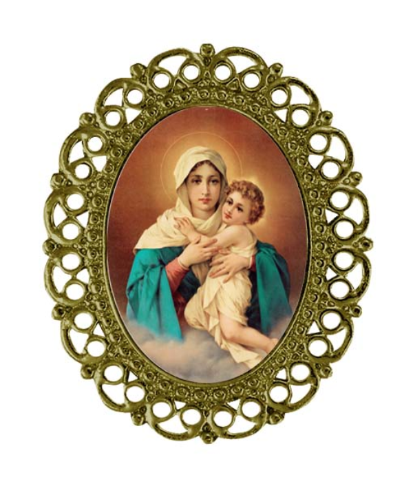 Prendedor artesanal de estilo filigrana ovalado con imagen de la Virgen personalizable