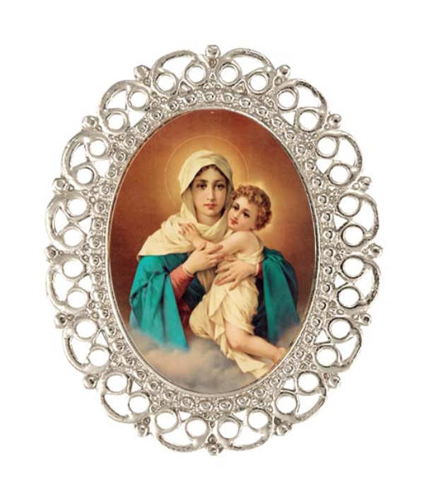 Prendedor artesanal de estilo filigrana ovalado con imagen de la Virgen personalizable