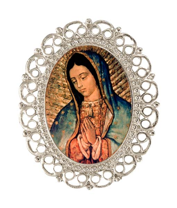 Prendedor artesanal de estilo filigrana ovalado con imagen de la Virgen personalizable