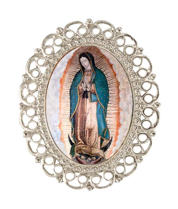 Prendedor artesanal de estilo filigrana ovalado con imagen de la Virgen personalizable