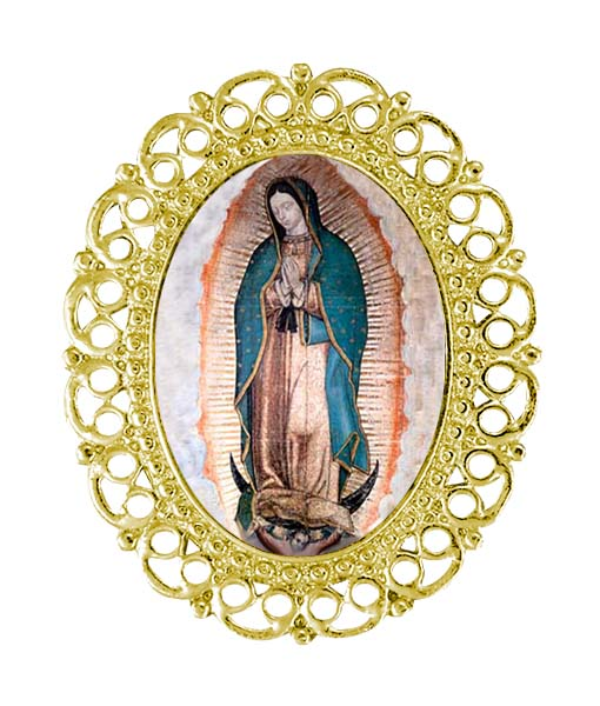 Prendedor artesanal de estilo filigrana ovalado con imagen de la Virgen personalizable