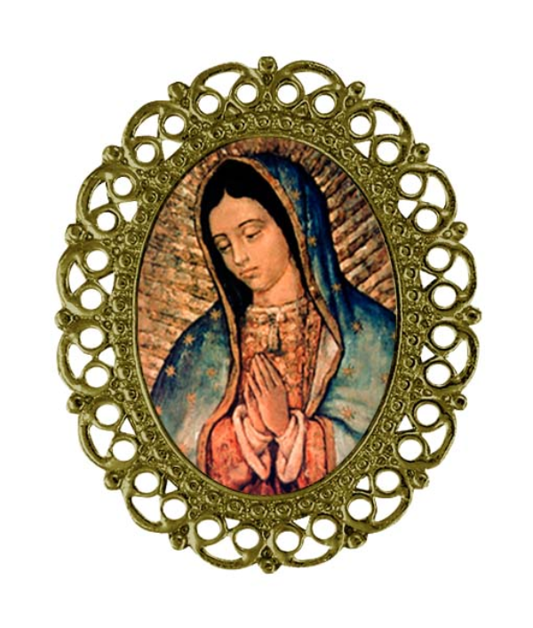 Prendedor artesanal de estilo filigrana ovalado con imagen de la Virgen personalizable