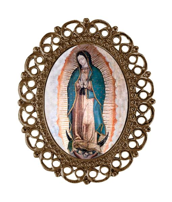 Prendedor artesanal de estilo filigrana ovalado con imagen de la Virgen personalizable