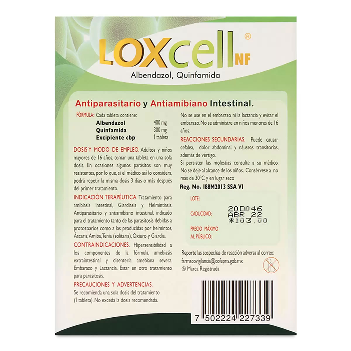 Desparasitante De 3 Pz con 1 Tableta Loxcell NF 577960 CST