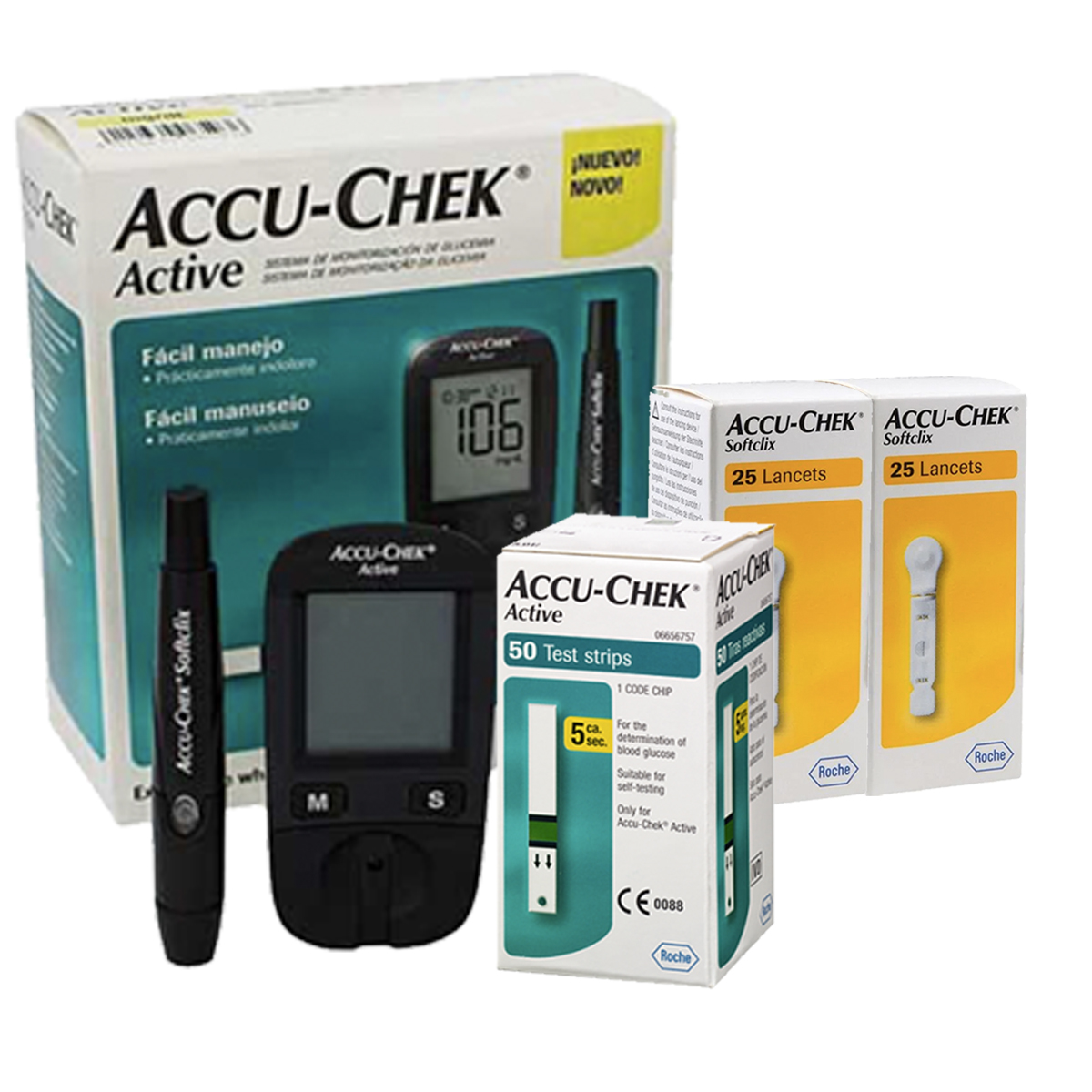 Accu-chek Glucómetro Active Con 50 Tiras Y 50 Lancetas