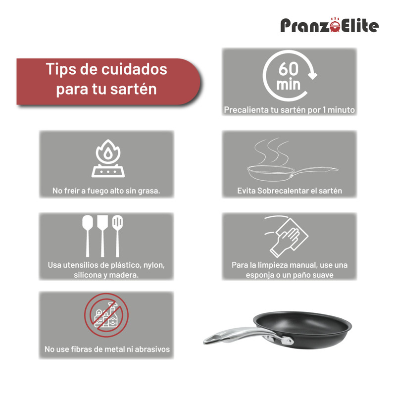 Sartén Antiadherente de Acero Inoxidable 20 cm Diámetro con Cubierta de Teflón Marca Pranzo Elite