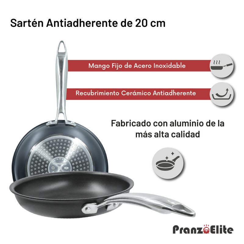 Sartén Antiadherente de Acero Inoxidable 20 cm Diámetro con Cubierta de Teflón Marca Pranzo Elite