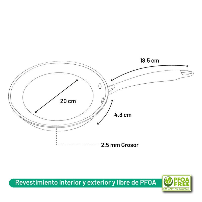 Sartén Antiadherente de Acero Inoxidable 20 cm Diámetro con Cubierta de Teflón Marca Pranzo Elite