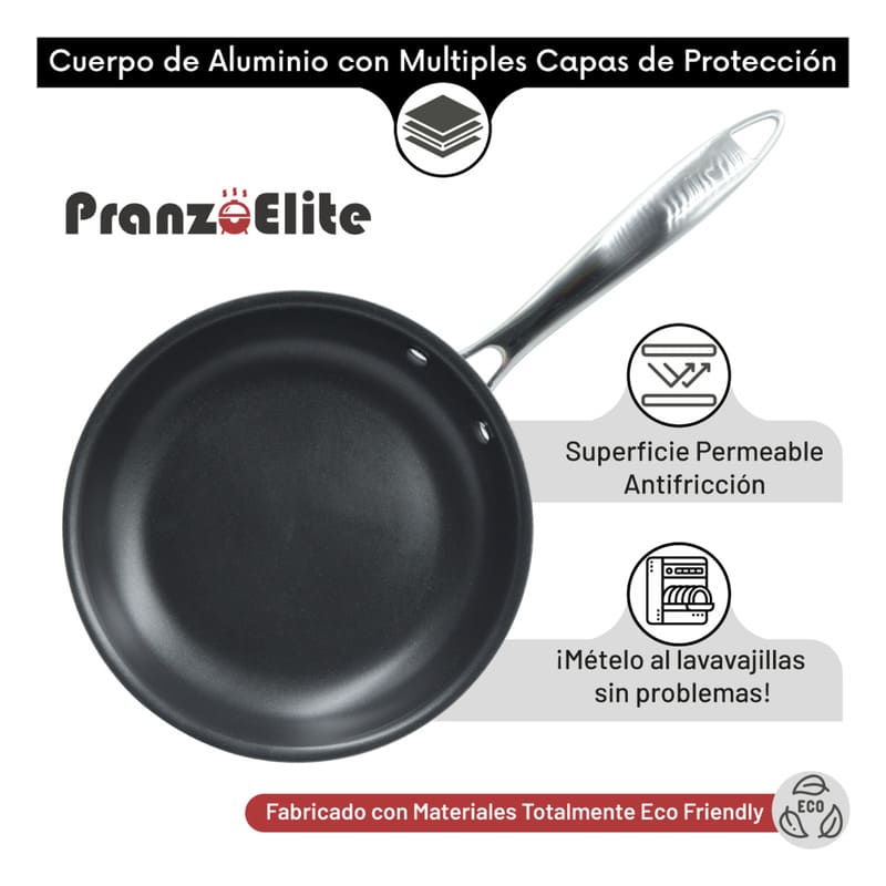 Sartén Antiadherente de Acero Inoxidable 20 cm Diámetro con Cubierta de Teflón Marca Pranzo Elite