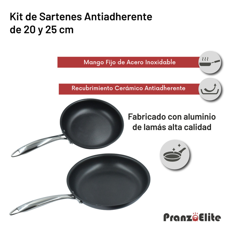 Juego de 2 Sartenes Antiadherentes de Teflón de Acero Inoxidable, Set de 2 Piezas de 20 y 25 cm de Diámetro