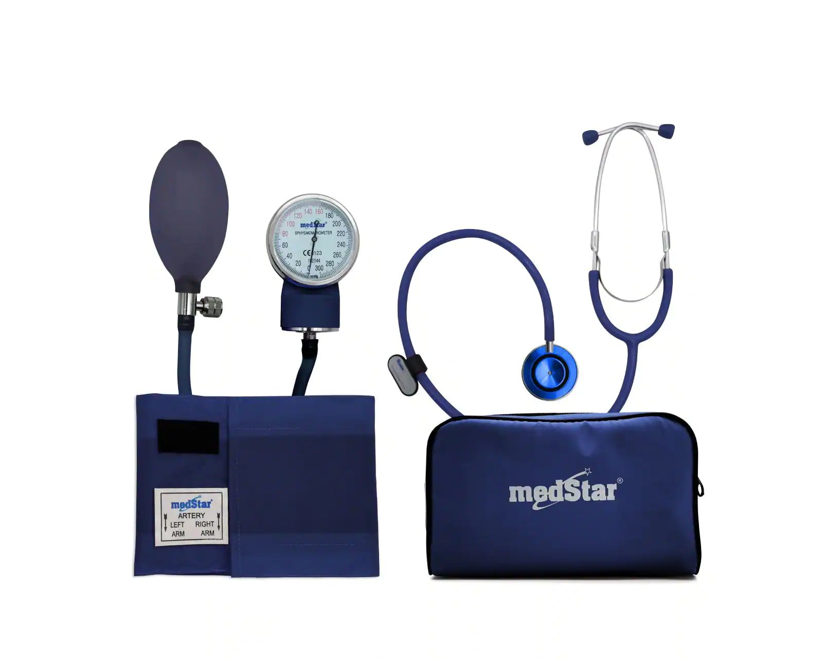 Baumanometro Aneroide Medstar Kit con Estetoscopio de DOBLE Campana FULL COLOR AZUL