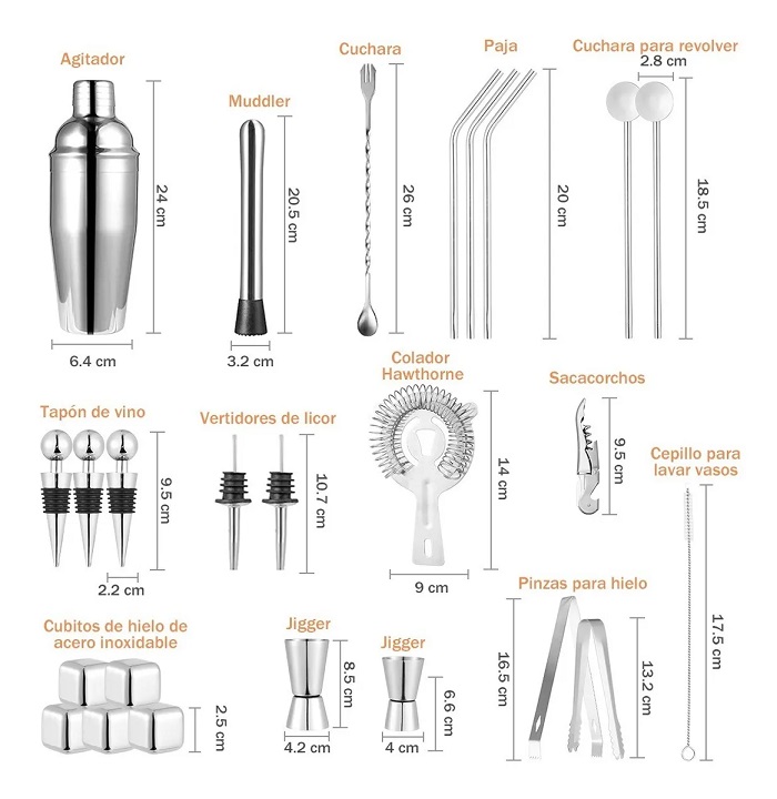 Kit Cocteleria Para Bartender 25 Piezas Acero Inoxidable