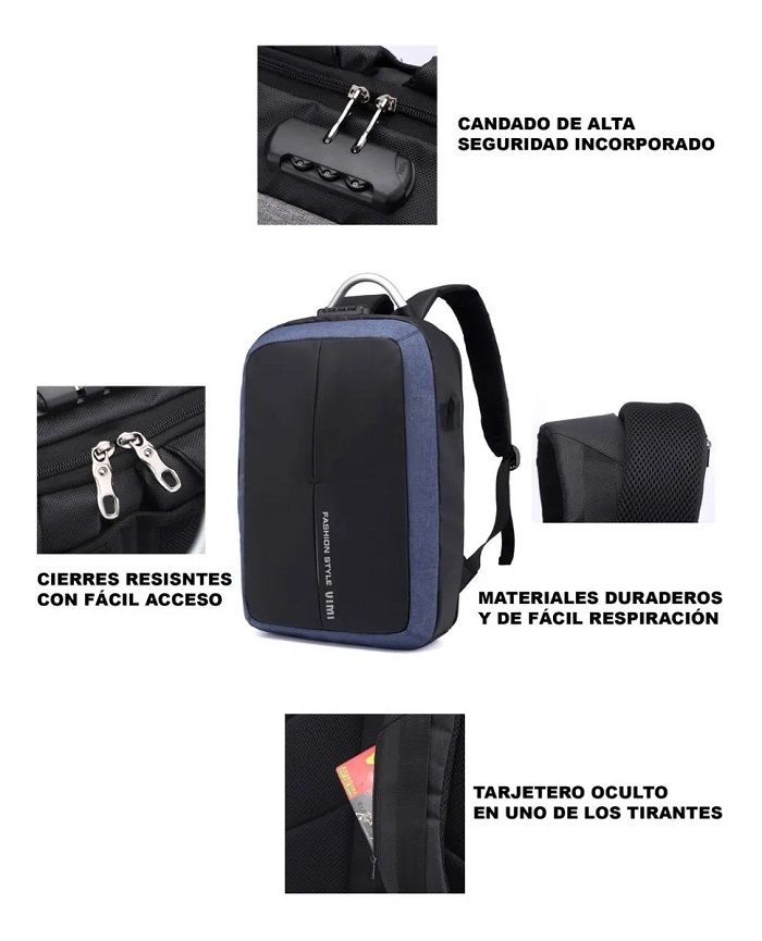 Mochila Backpack Antirrobo Impermeable C/ Candado Puerto Usb Negro