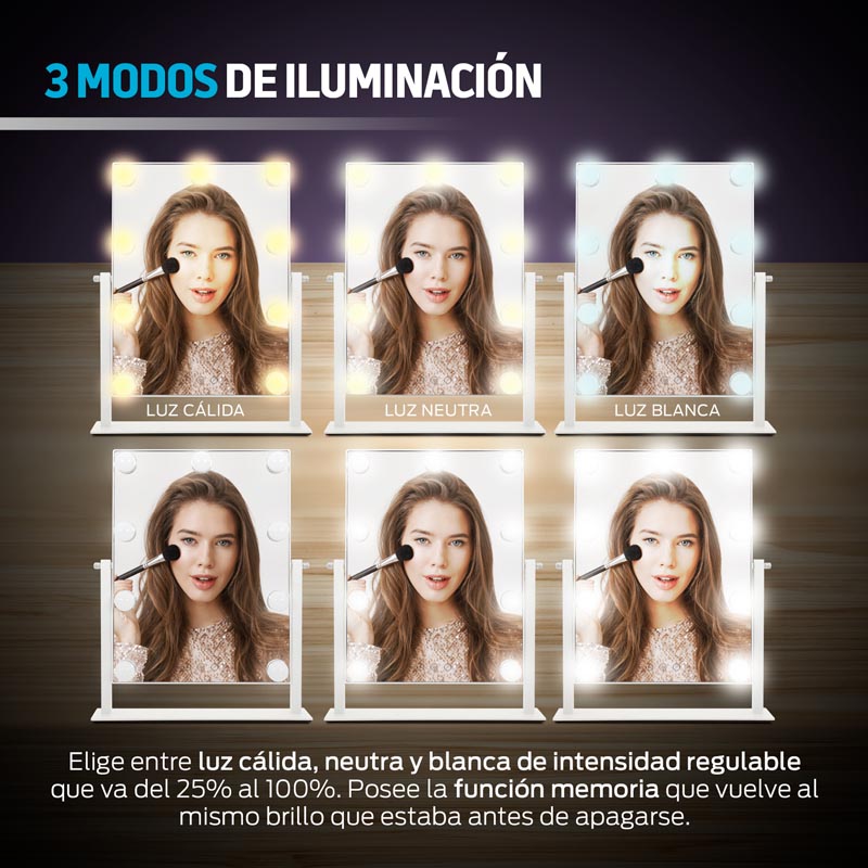 Espejo con Luz LED para Maquillaje Extra Grande tipo Hollywood Redlemon