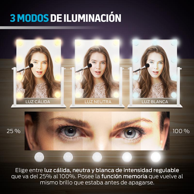 Espejo con Luz LED para Maquillaje Extra Grande tipo Hollywood Redlemon