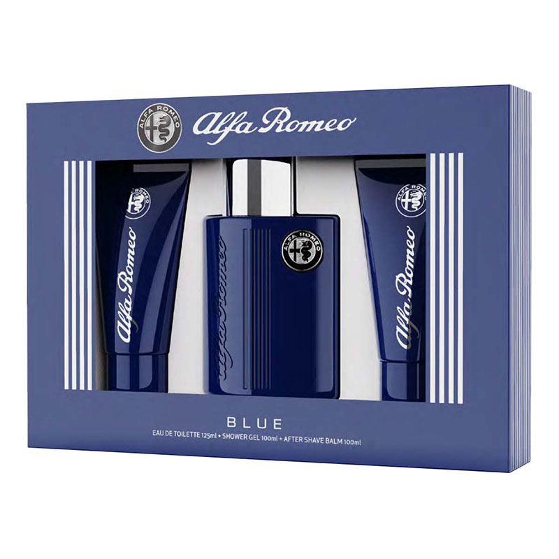 SET DE REGALO PARA CABALLERO ALFA ROMEO BLUE - PERFUME 125 ML + GEL DE BAÑO 100 ML + HIDRATANTE PARA DESPUÉS DE AFEITAR 100 ML