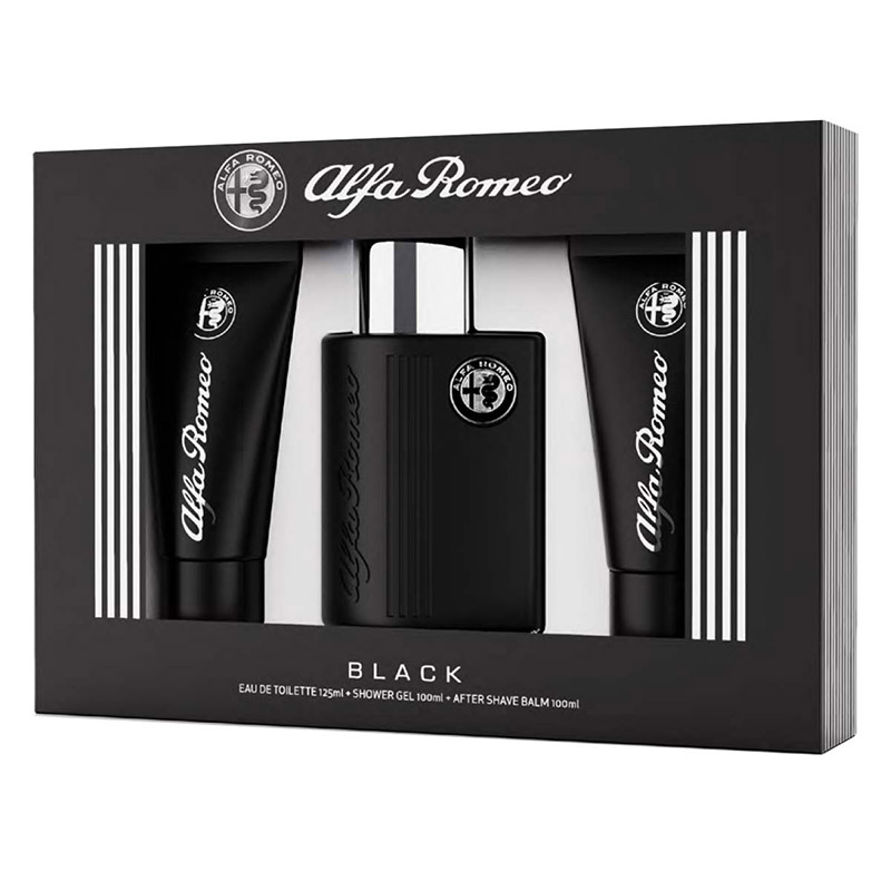 SET DE REGALO PARA CABALLERO ALFA ROMEO BLACK - PERFUME 125 ML + GEL DE BAÑO 100 ML + HIDRATANTE PARA DESPUÉS DE AFEITAR 100 ML
