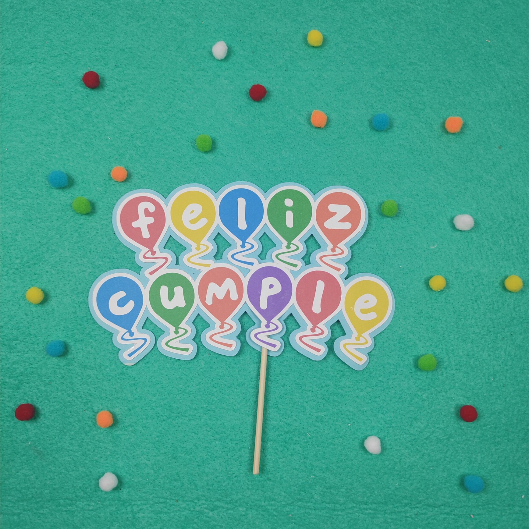 Cake topper-letrero para pastel Globos "Feliz cumple" Colores Nabicraft