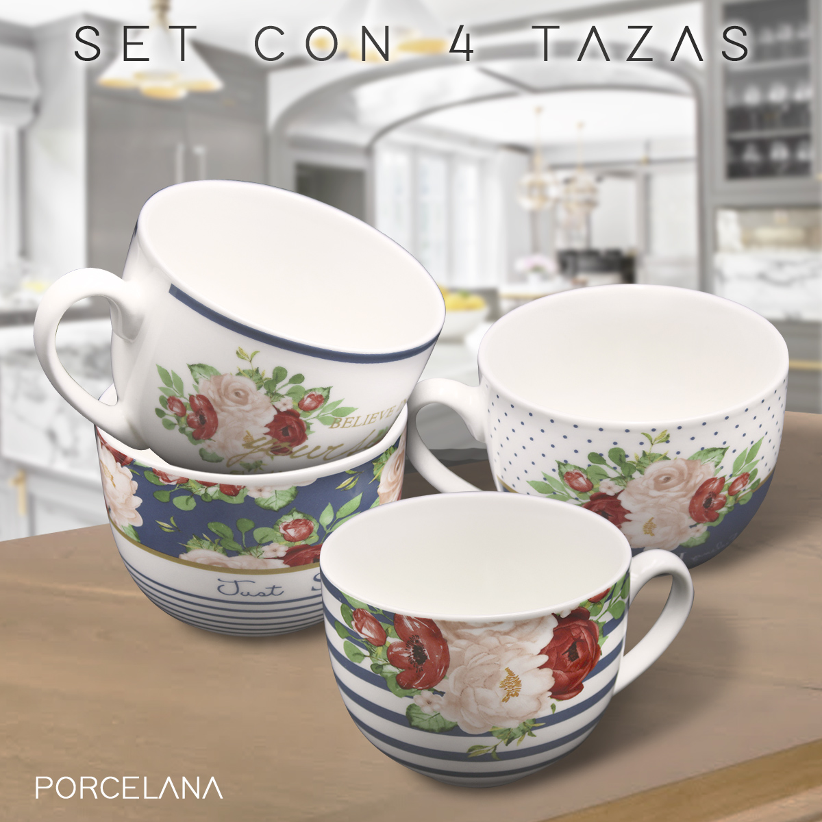 Juego 4 Tazas Platos Porcelana Para Cafe Soporte Para Regalo