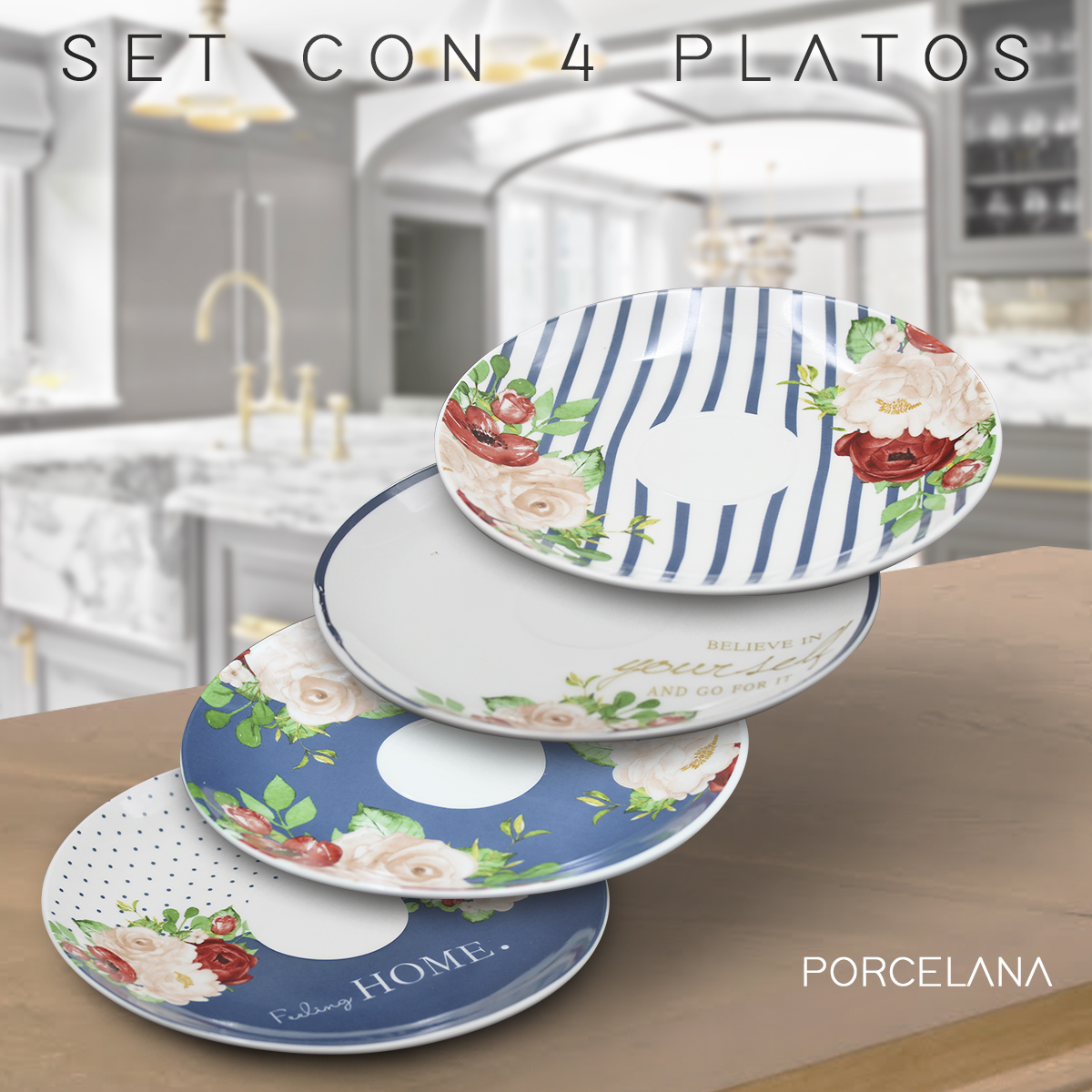 Juego 4 Tazas Platos Porcelana Para Cafe Soporte Para Regalo