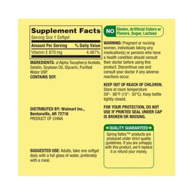 Vitamina E 670mg 1,000 IU Spring Valley 60 capsulas + D-Alpha Extra Fuerte