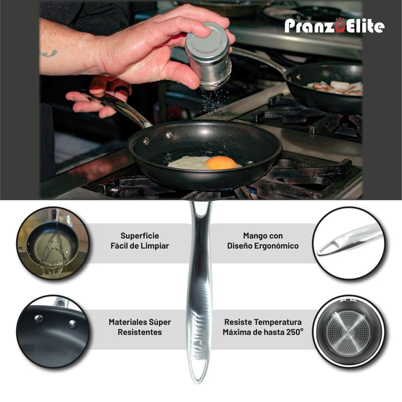Sartén Antiadherente de Acero Inoxidable 20 cm Diámetro con Cubierta de Teflón Marca Pranzo Elite