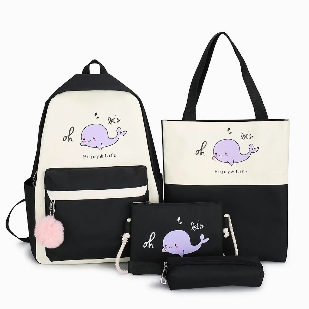 4 Pzas Mochila Mujer Escolar Delfín Bolso Viaje Mano Hombro Azul
