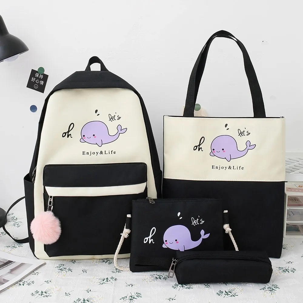 4 Pzas Mochila Mujer Escolar Delfín Bolso Viaje Mano Hombro Azul