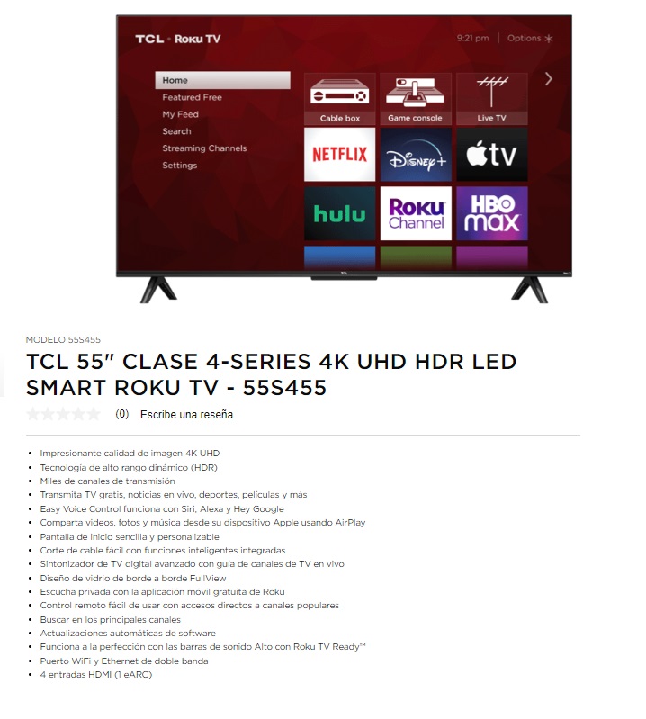 PANTALLA TELEVISION SMART TV TLC 55" ROKU TV