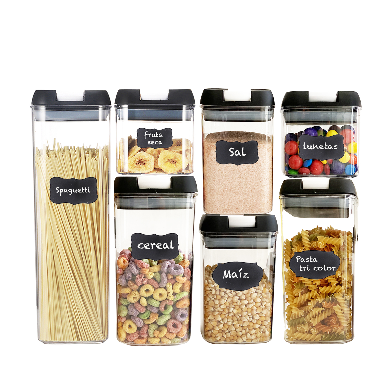 Set de 7 Recipientes Herméticos para Almacenar Alimentos con Etiquetas Personalizables y Cucharas Medidoras