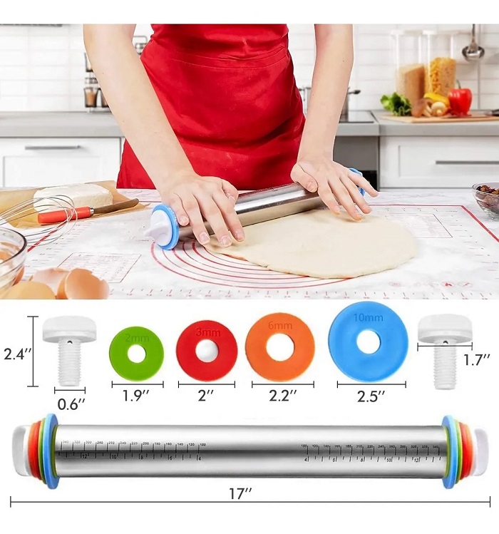 Rodillo De Harina De Acero Inoxidable Ajustable Con Regla.