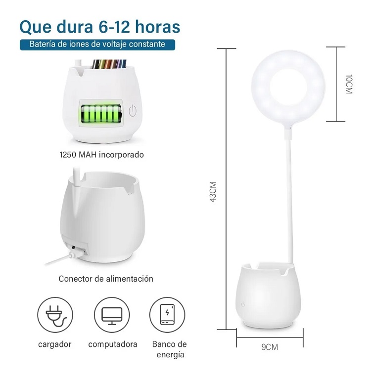 Lámpara Led De Escritorio Usb Recargable Con Portalapices