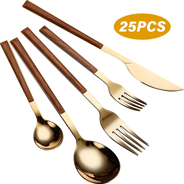 Juego Cubiertos Acero Inoxidable 25 Pzs Dorados