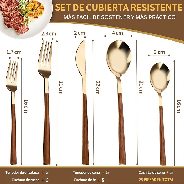 Juego Cubiertos Acero Inoxidable 25 Pzs Dorados